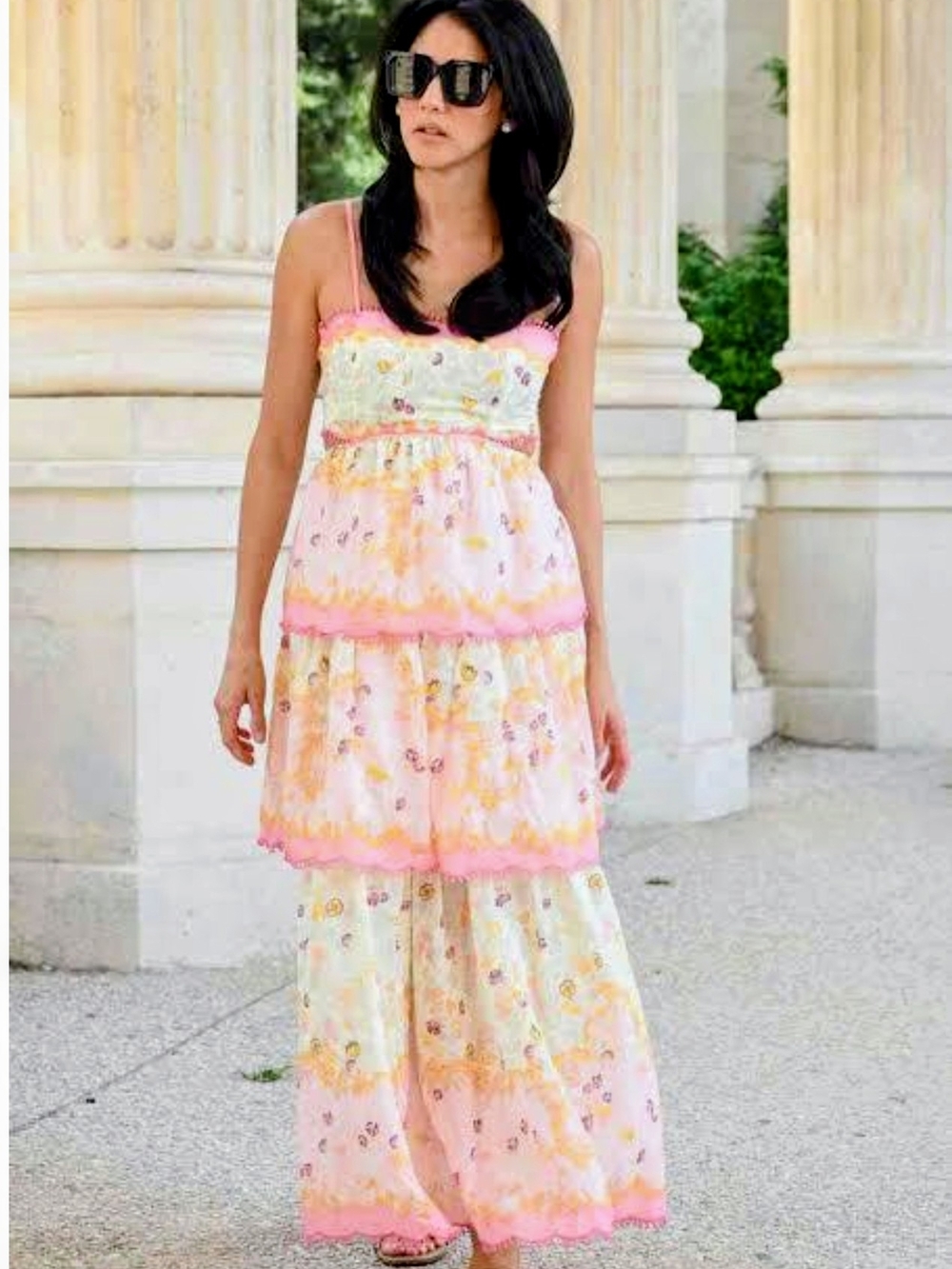JardinVue Pastel Pink Floral Tiered Maxi Dress with Spaghetti Straps
